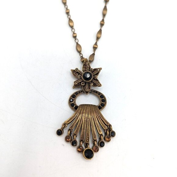 Chico's Jewelry - Chico's Brutalist Jewelry Bronze Black Amber Rhinestone Brass Bohemian Necklace